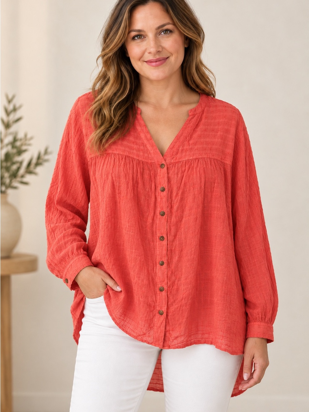 Pilcro Coral Button-Front V-Neck Blouse